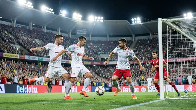 Imagem gerada por IA: Jogadores disputam a bola em uma partida de futebol em estádio lotado.