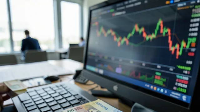 Imagem gerada por IA: Notas de reais diante de uma tela desfocada com atividade de mercado financeiro.