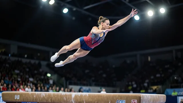 Imagem gerada por IA: Ginasta executa um salto sobre a mesa durante uma competição em arena coberta.