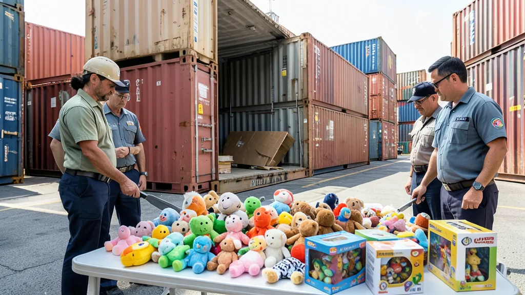 Imagem gerada por IA: Fiscais inspecionam brinquedos sem marcas identificáveis em uma área de contêineres.