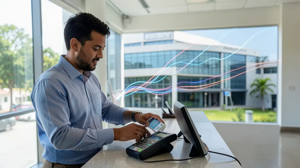 Imagem gerada por IA: Terminal de pagamento em um comércio, com representação visual do envio separado do imposto ao Fisco.
