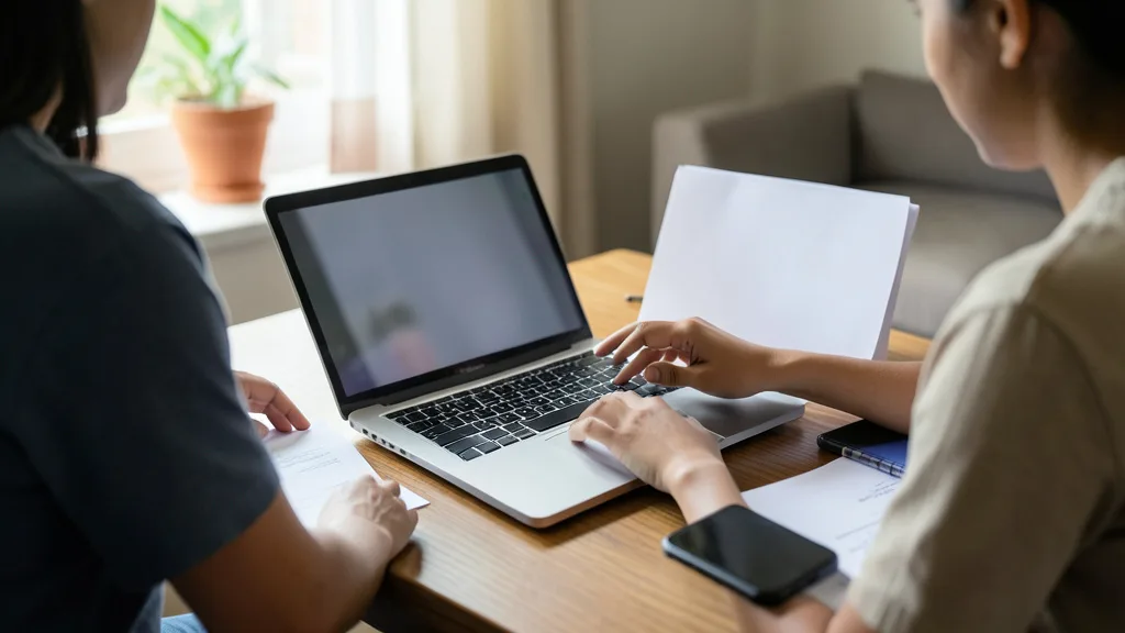 Imagem gerada por IA: Pessoa consulta a restituição do Imposto de Renda em um laptop, com celular e documentos sobre a mesa.