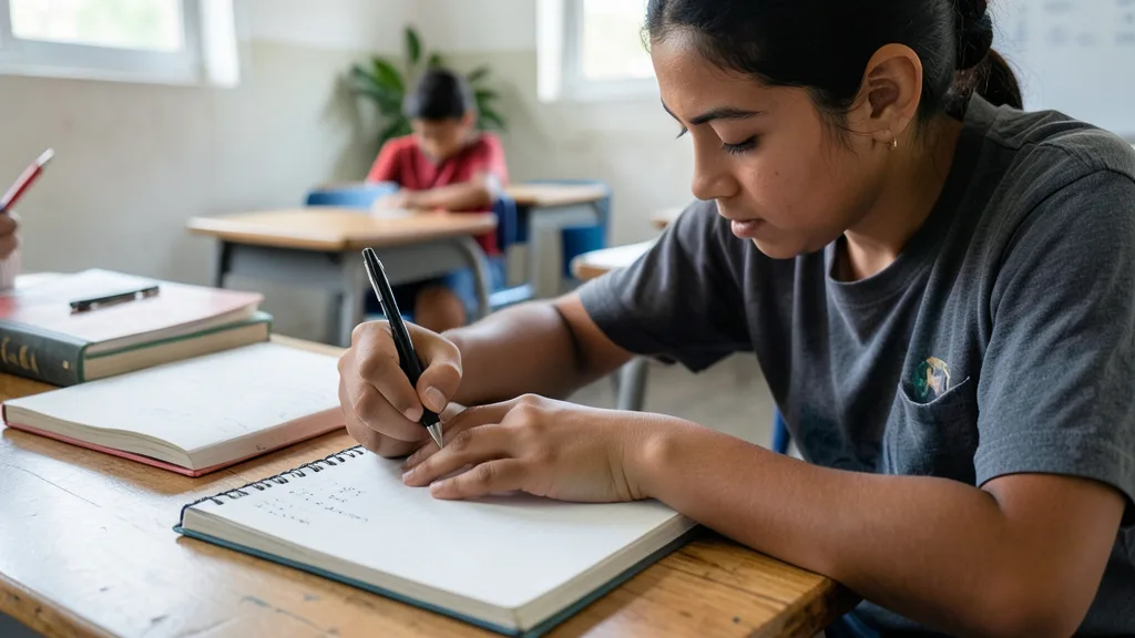 Imagem gerada por IA: Estudante pratica redação em um caderno antes do Enem.