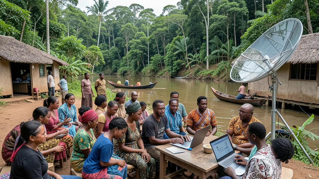 Imagem gerada por IA: Moradores de uma comunidade amazônica usam um computador perto de uma antena de internet.