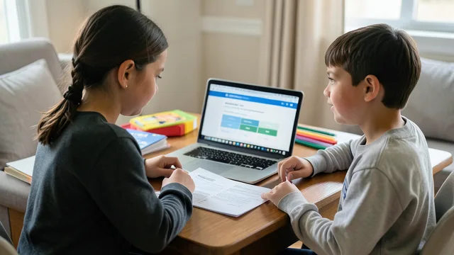 Responsável e criança conferem documentos de matrícula escolar diante de um computador.