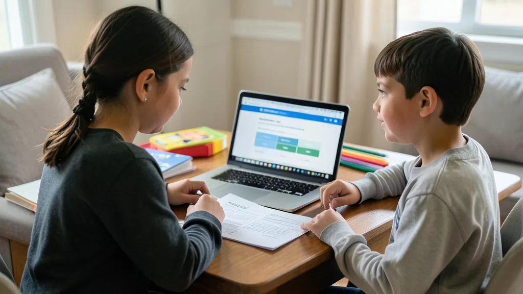 Responsável e criança conferem documentos de matrícula escolar diante de um computador.