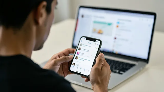 Imagem gerada por IA: Pessoa consulta redes sociais no celular diante de um computador durante o período eleitoral.