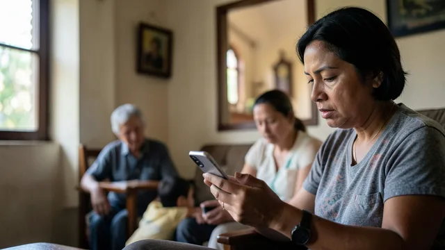 Eleitor consulta o celular enquanto reflete sobre a escolha do voto, com familiares ao fundo.