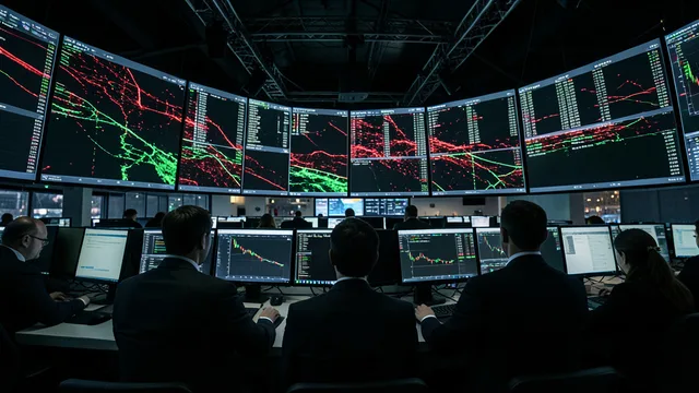 Imagem gerada por IA: Operadores acompanham os mercados em uma sala de negociação iluminada por telas.