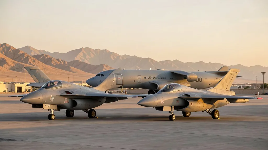 Imagem gerada por IA: Caças Typhoon e uma aeronave A400M em uma base militar na Arábia Saudita.