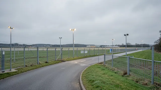 Imagem gerada por IA: Perímetro cercado de uma base aérea britânica sob céu nublado.