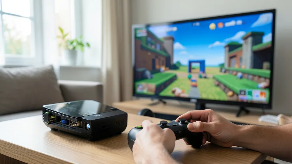Imagem gerada por IA: Console de videogame e controle diante de uma TV com uma cena retrô desfocada.
