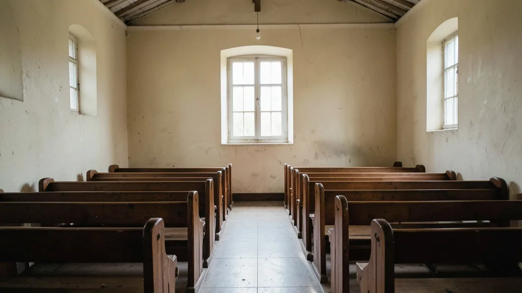 Imagem gerada por IA: Interior de uma igreja simples, com bancos de madeira e luz entrando pela janela.