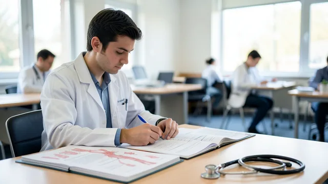 Imagem gerada por IA: Estudante de medicina estuda para uma avaliação, com livros e estetoscópio sobre a mesa.