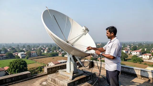 Imagem gerada por IA: Antena parabólica de internet em uma área rural da Índia, com um técnico ao lado.