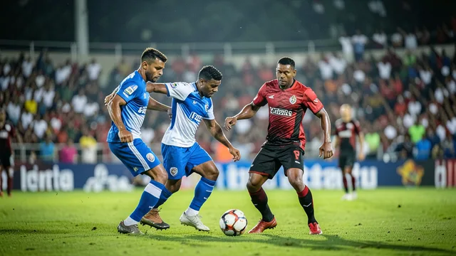 Imagem gerada por IA: Jogadores do Remo e do Bragantino disputam a bola em campo no Mangueirão.