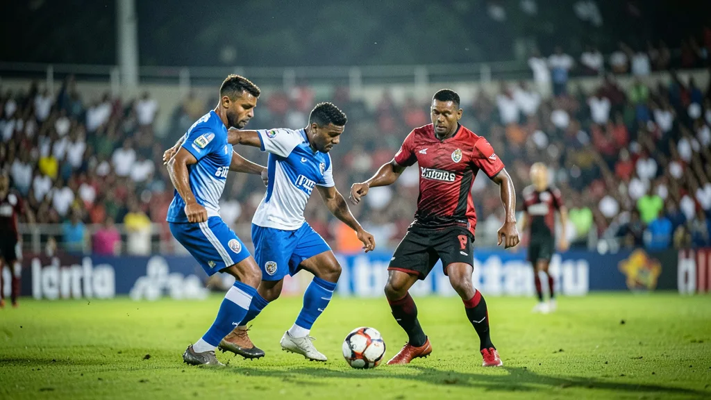Imagem gerada por IA: Jogadores do Remo e do Bragantino disputam a bola em campo no Mangueirão.