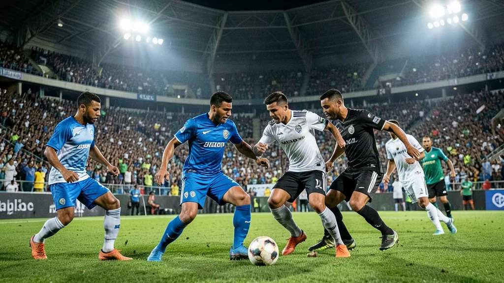 Imagem gerada por IA: Jogadores de futebol disputam a bola em um estádio cheio, durante uma partida noturna.