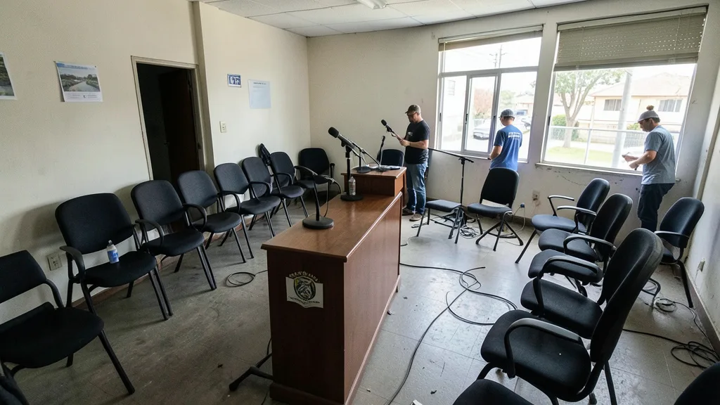 Imagem gerada por IA: Sala de coletiva vazia, com púlpito e microfones preparados para uma entrevista à imprensa.