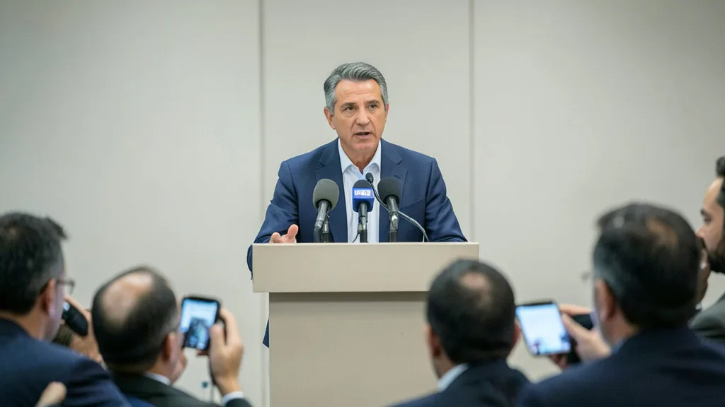 Imagem gerada por IA: Político fala em uma entrevista coletiva diante de microfones.