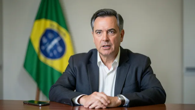 Imagem gerada por IA: Homem fala em um estúdio diante de uma bandeira brasileira desfocada.