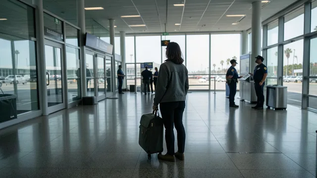 Imagem gerada por IA: Mulher com uma bolsa em um portão de embarque, com agentes ao fundo.