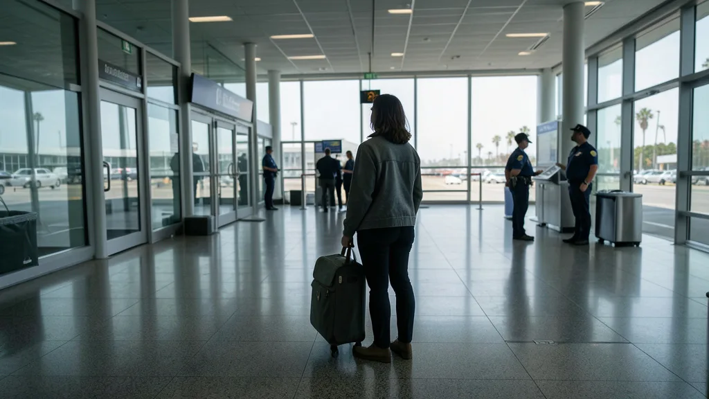 Imagem gerada por IA: Mulher com uma bolsa em um portão de embarque, com agentes ao fundo.