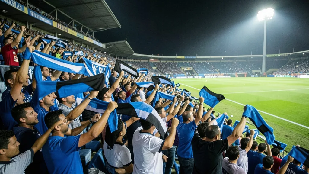 Imagem gerada por IA: Torcedores em arquibancada de estádio, com cachecóis azuis, pretos e brancos.