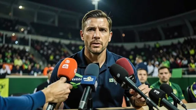 Imagem gerada por IA: Treinador de futebol fala à imprensa em uma entrevista coletiva após a partida.