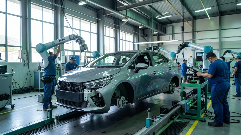 Imagem gerada por IA: Veículo em montagem em uma fábrica automotiva, com robôs ao redor da linha de produção.