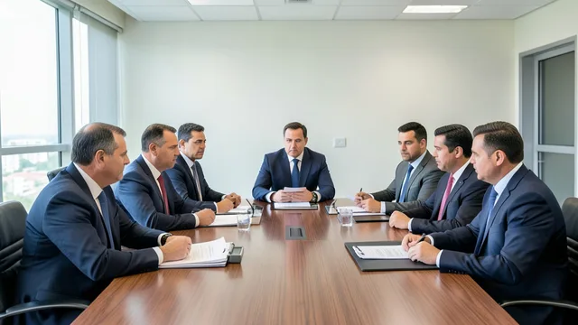 Imagem gerada por IA: Dirigentes políticos reunidos em torno de uma mesa para discutir o posicionamento do partido.