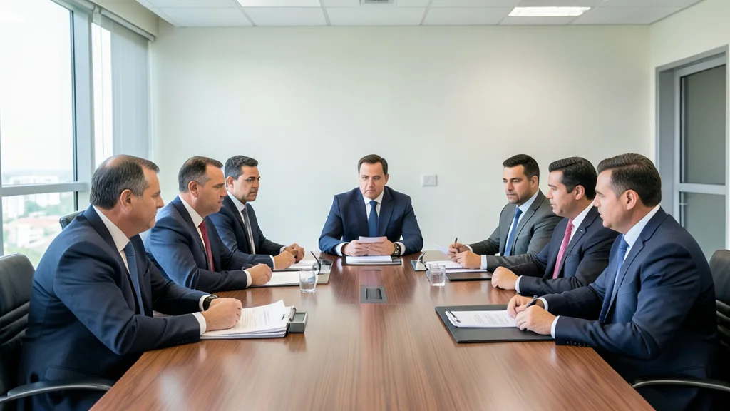 Imagem gerada por IA: Dirigentes políticos reunidos em torno de uma mesa para discutir o posicionamento do partido.