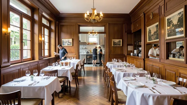 Imagem gerada por IA: Salão renovado do restaurante Lamas, preparado para receber clientes após a reabertura.