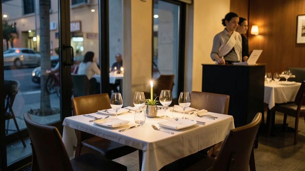 Imagem gerada por IA: Mesa posta e vazia em um restaurante, com o salão ao fundo.