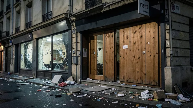 Imagem gerada por IA: Vitrine quebrada e destroços em uma rua comercial francesa após os distúrbios.