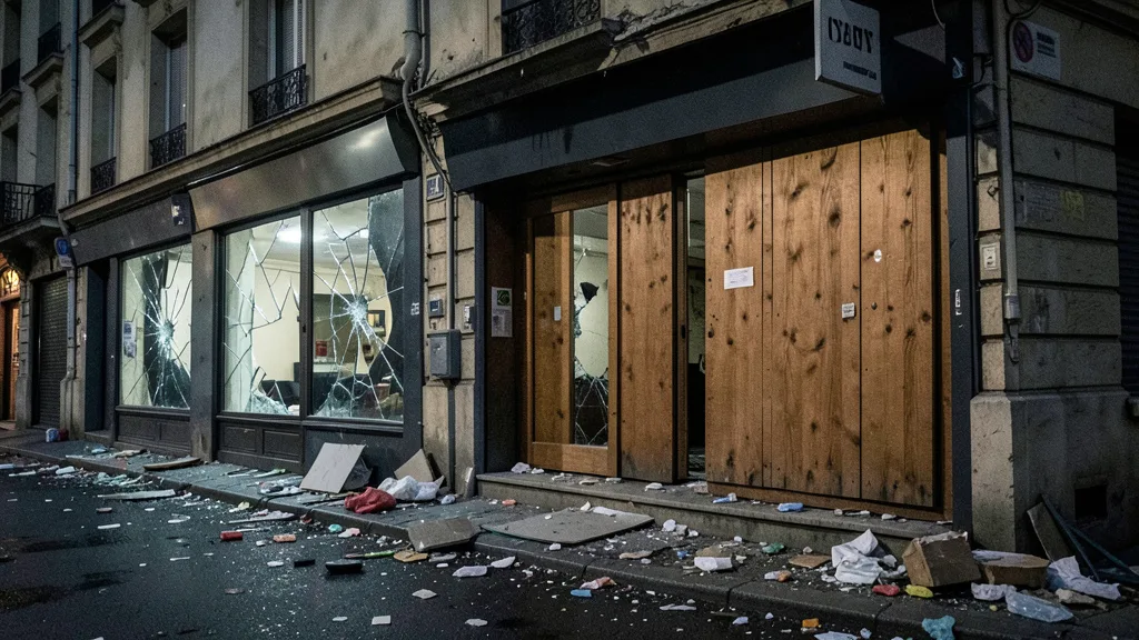Imagem gerada por IA: Vitrine quebrada e destroços em uma rua comercial francesa após os distúrbios.