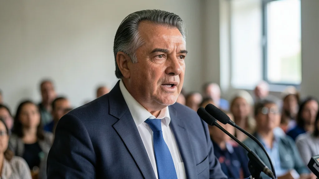 Imagem gerada por IA: Ricardo Nunes fala em evento político, diante de microfones.