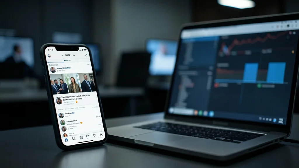 Imagem gerada por IA: Celular e notebook com telas de redes sociais em uma mesa.