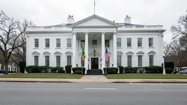 Imagem gerada por IA: Casa Branca em Washington, com bandeiras dos Estados Unidos e do Brasil próximas à entrada.