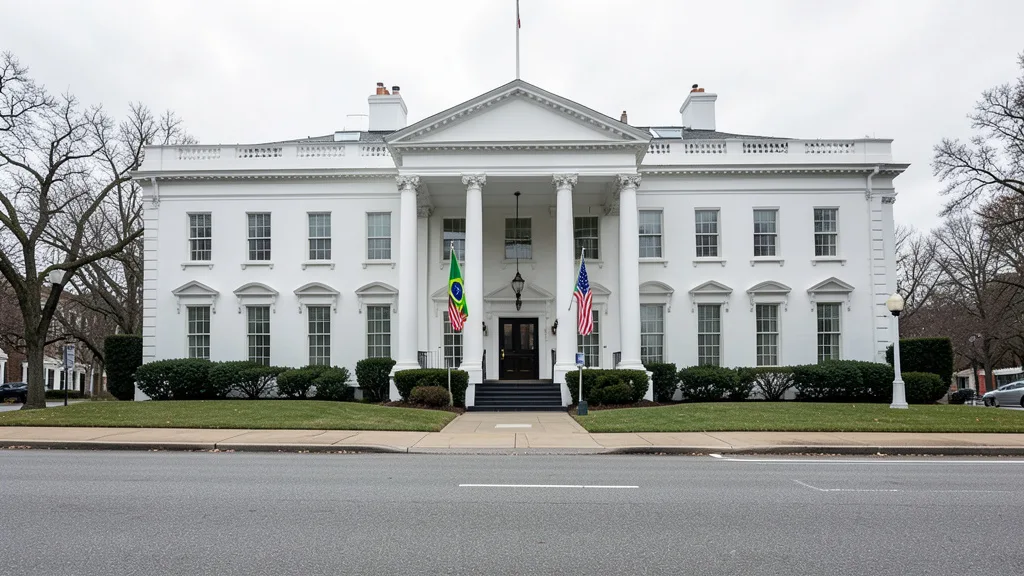 Imagem gerada por IA: Casa Branca em Washington, com bandeiras dos Estados Unidos e do Brasil próximas à entrada.