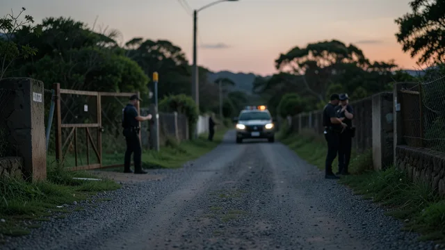Imagem gerada por IA: Porteira rural e estrada isolada ao entardecer, com viatura policial ao fundo.