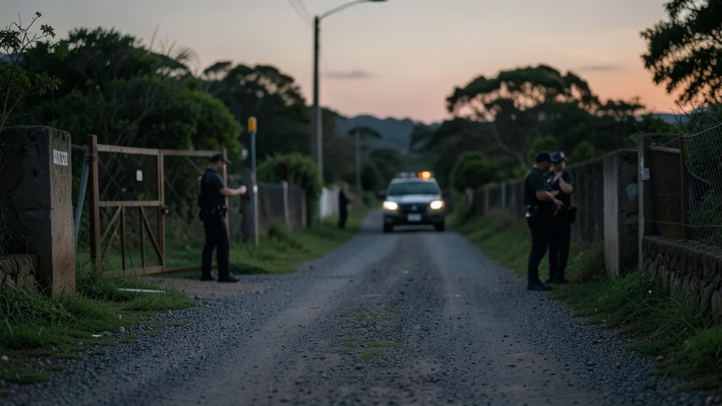 Imagem gerada por IA: Porteira rural e estrada isolada ao entardecer, com viatura policial ao fundo.