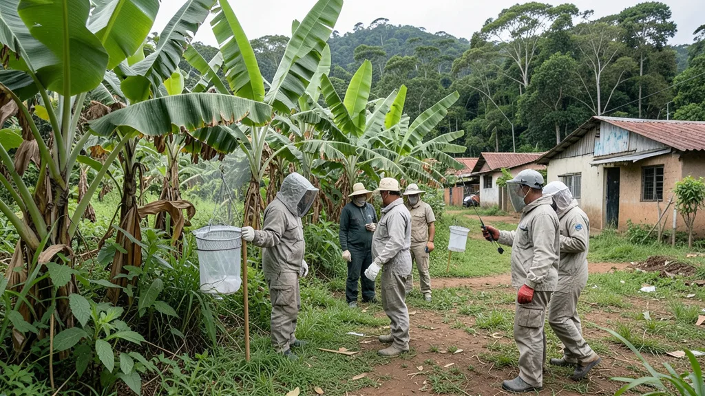 Imagem gerada por IA: Pesquisadores instalam armadilhas para insetos em uma área de cultivo de banana.