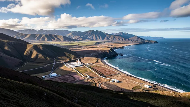Área costeira de Punta Colorada, na Patagônia argentina, com terreno aberto e infraestrutura industrial ao fundo.