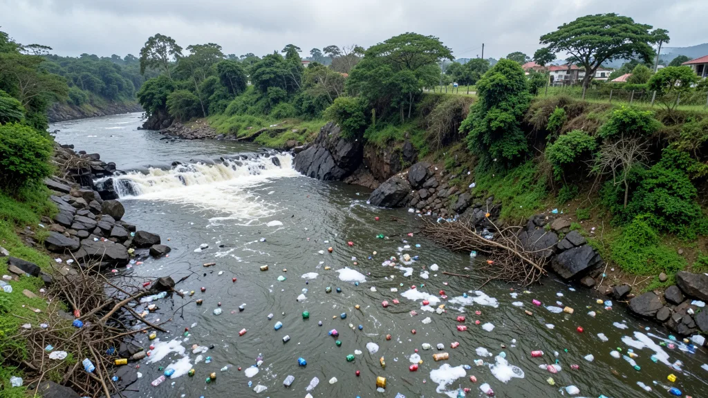 Imagem gerada por IA: Lixo flutuante levado pela cheia do Rio Tietê se acumula perto de áreas turísticas em Salto.