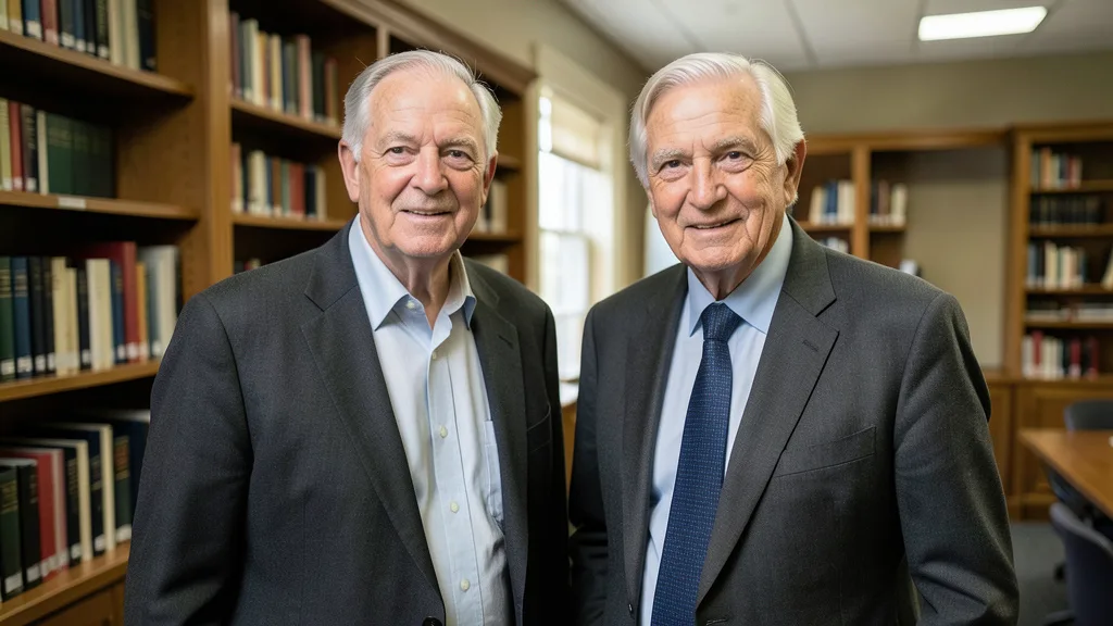 Imagem gerada por IA: Robert E. Hall e Michael Woodford em uma sala universitária.