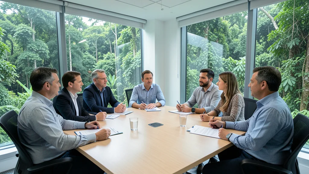 Imagem gerada por IA: Reunião de uma organização ambiental com a floresta amazônica ao fundo.