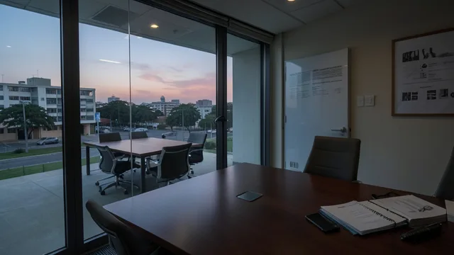 Imagem gerada por IA: Sala de reuniões vazia em Brasília, com pastas e um celular sobre a mesa.
