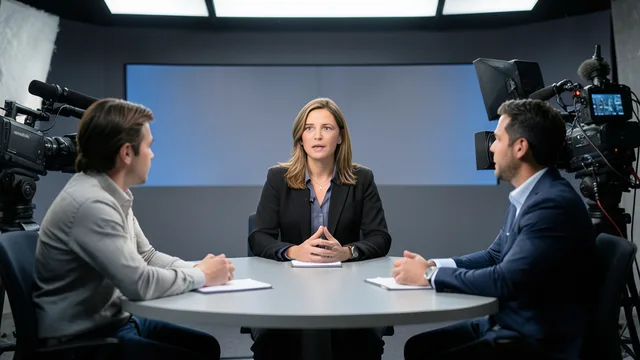 Imagem gerada por IA: Mulher participa de uma entrevista em um estúdio de televisão.