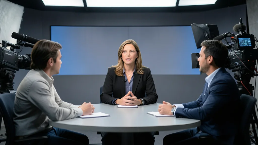 Imagem gerada por IA: Mulher participa de uma entrevista em um estúdio de televisão.